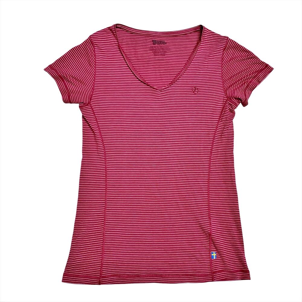FJALLRAVEN Abisko Cool T-Shirt Micro-Stripe V-Neck Tee Made in Portugal Size S